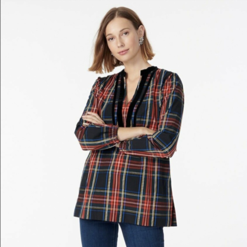 J. CREW Black Velvet-trimmed V-neck holiday tunic in Stewart tartan, X-Small NWT